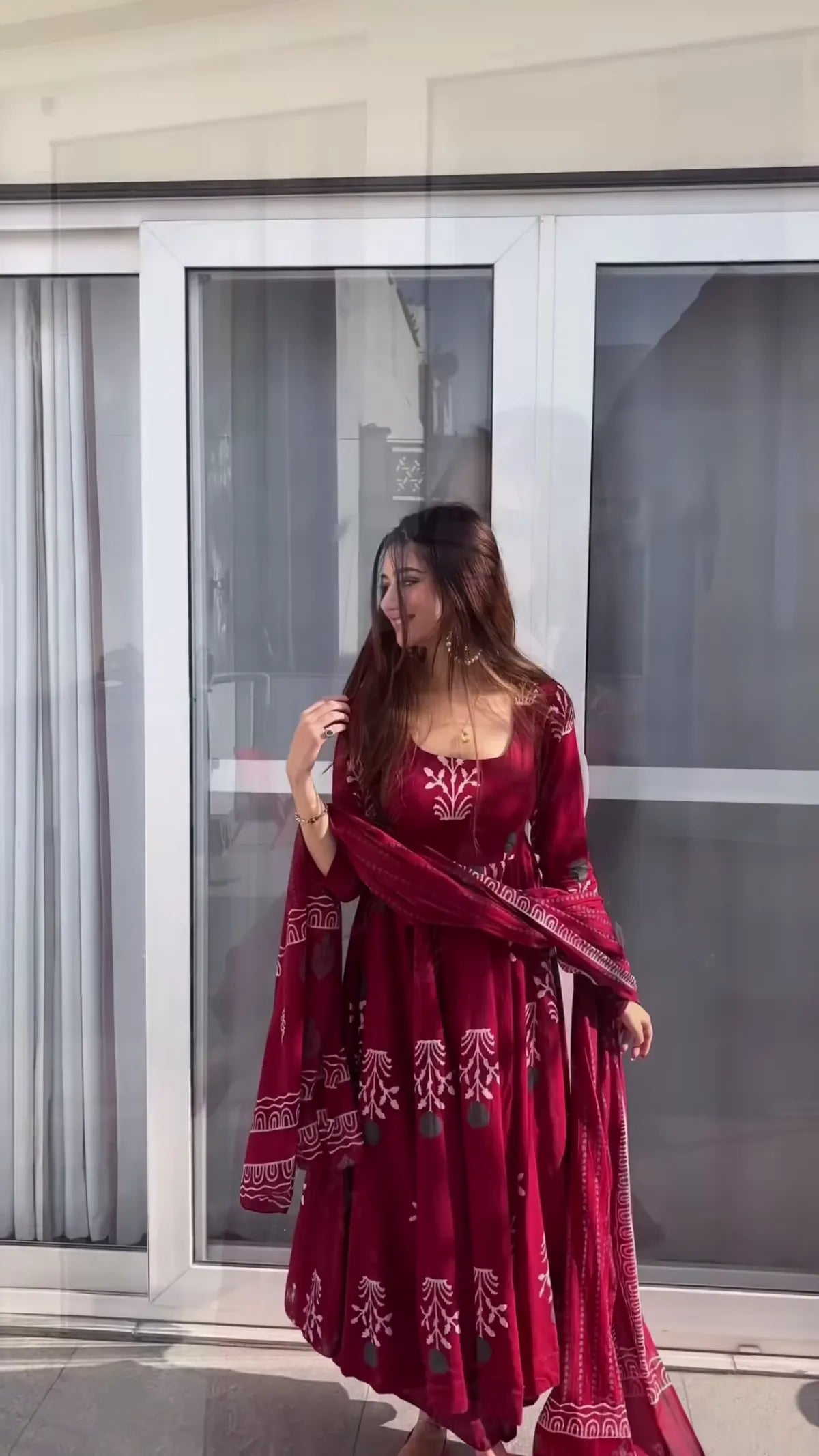 Premium Maroon Handblock Anarkali Dress with Full Flared Skirt and Detailed Traditional Print Work for Weddings and Festivals