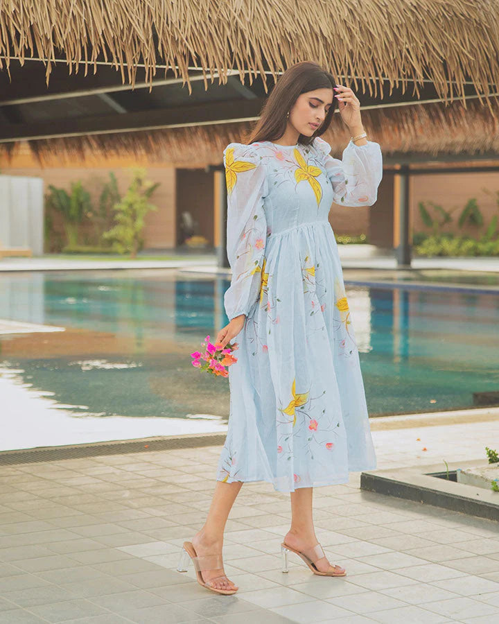Lightweight Doria Dress for Women with Handpainted Blue Lily Artwork