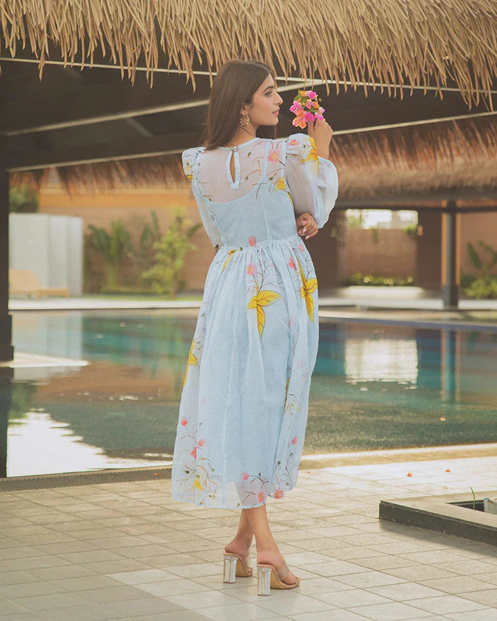 Lightweight Doria Dress for Women with Handpainted Blue Lily Artwork