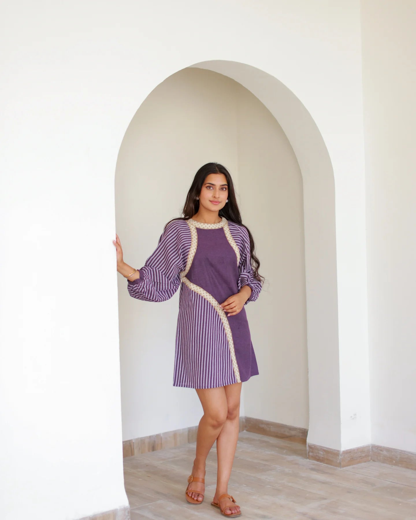 Gorgeous Purple Midi Dress with Lace Finish and Striped Look