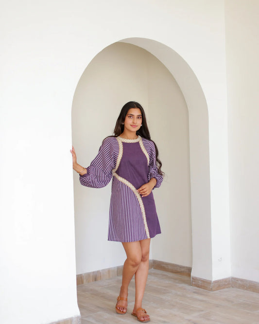 Gorgeous Purple Midi Dress with Lace Finish and Striped Look