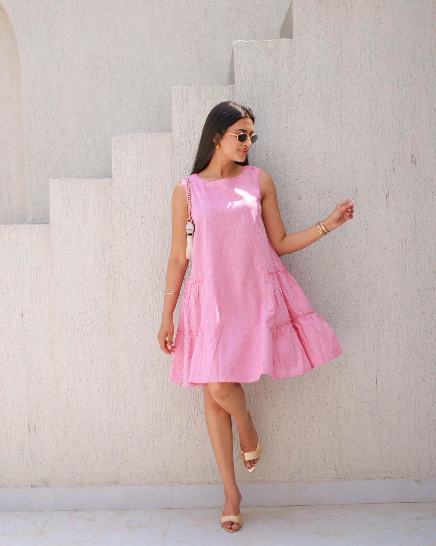 Comfortable Rose Pink Solid Summer Dress