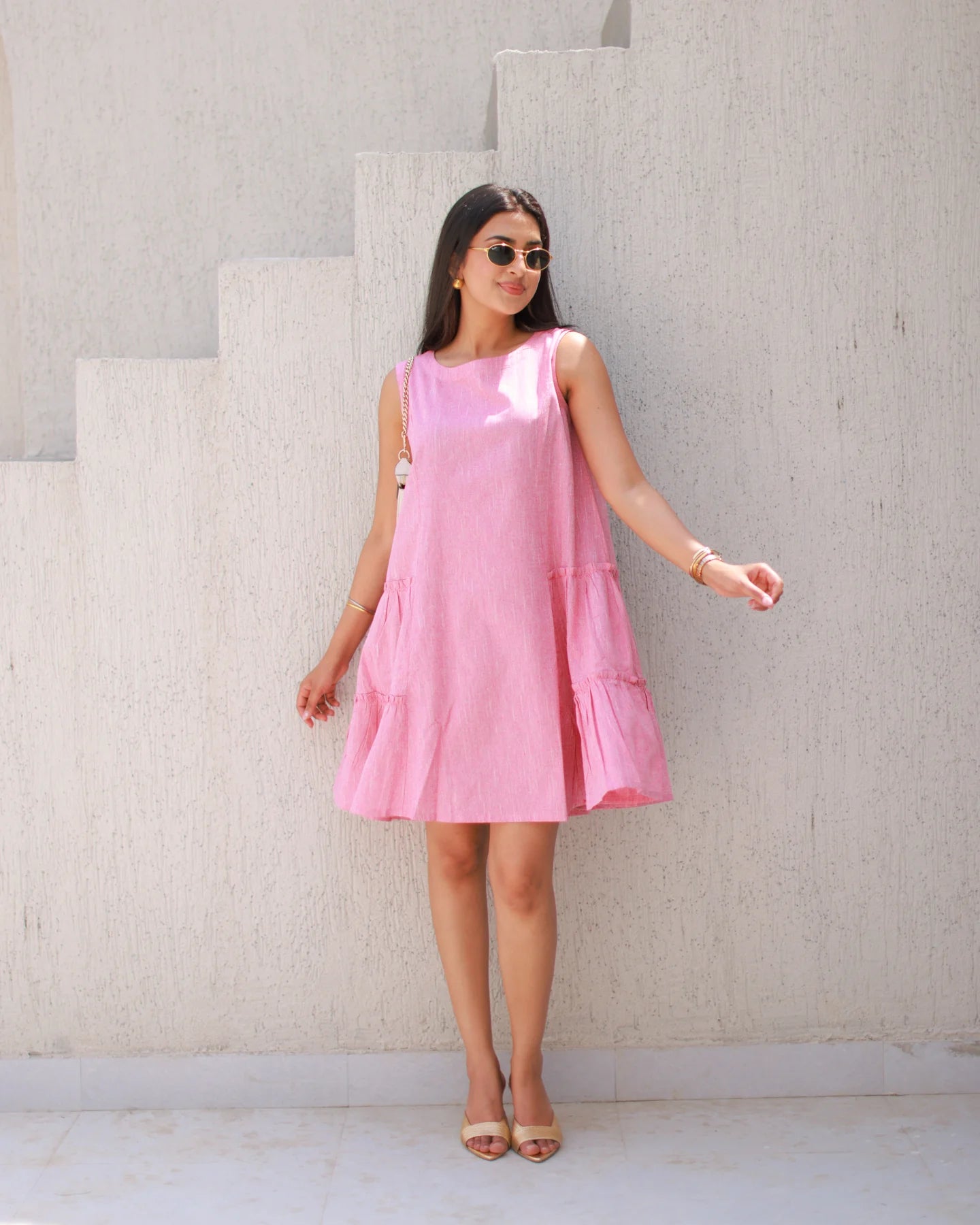 Comfortable Rose Pink Solid Summer Dress