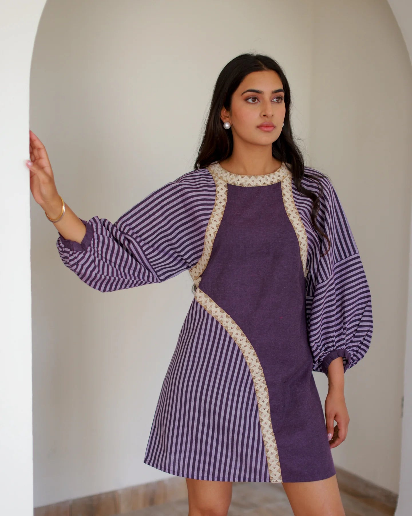 Gorgeous Purple Midi Dress with Lace Finish and Striped Look