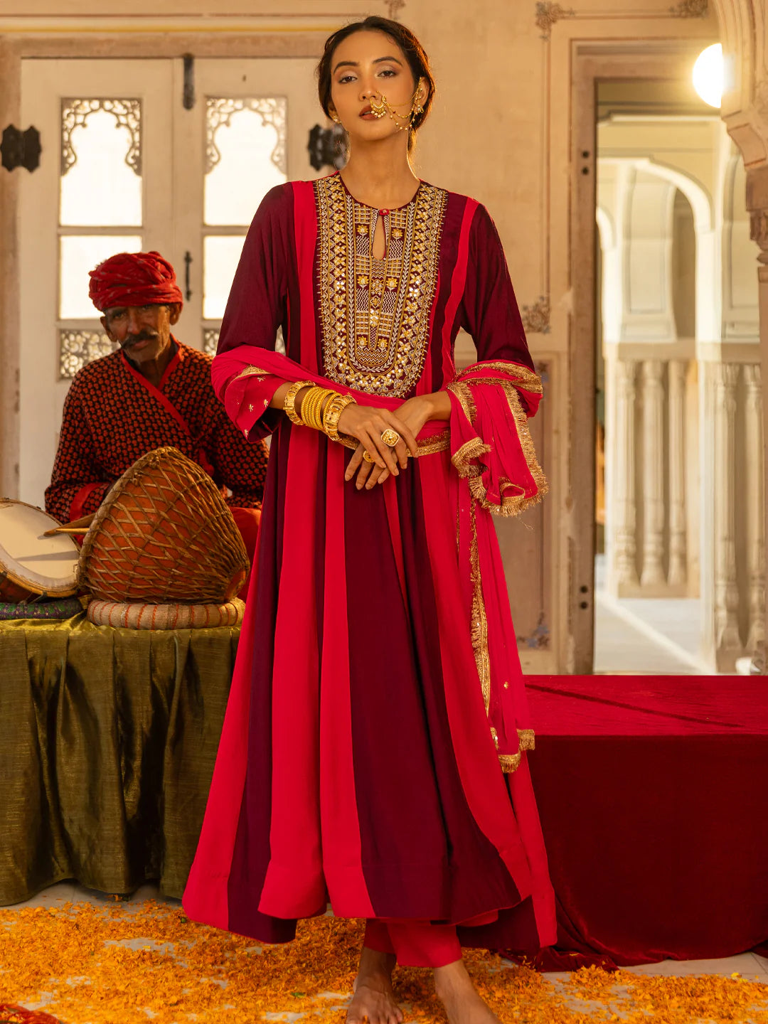 Multi Zari Embroidered Flared Anarkali Kurta with Pants & Dupatta
