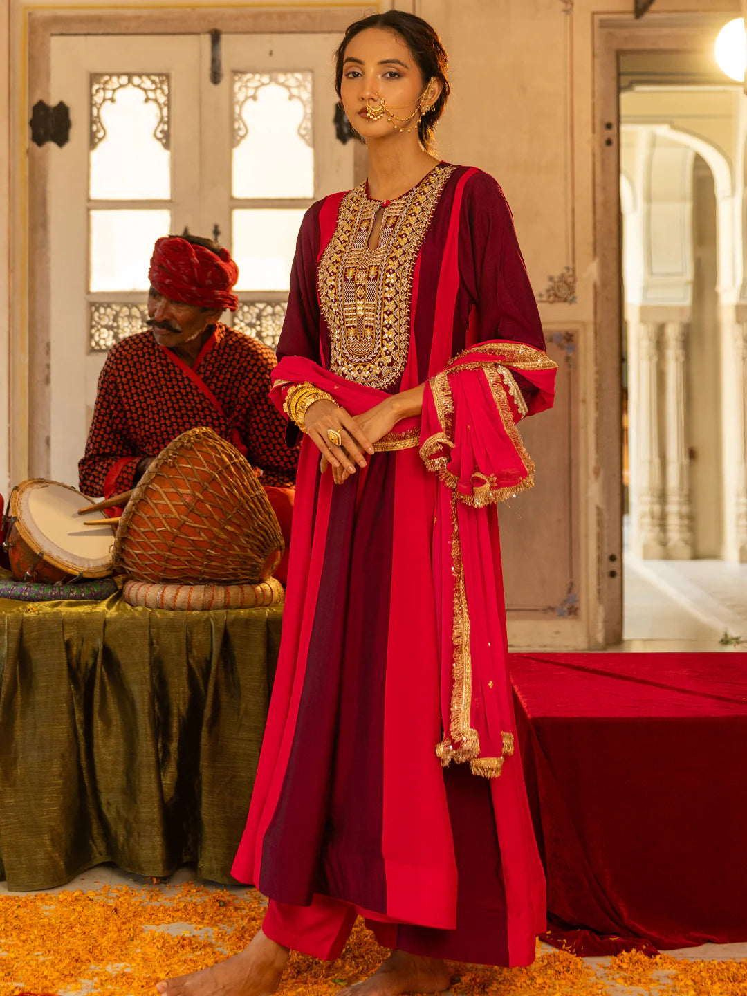 Multi Zari Embroidered Flared Anarkali Kurta with Pants & Dupatta