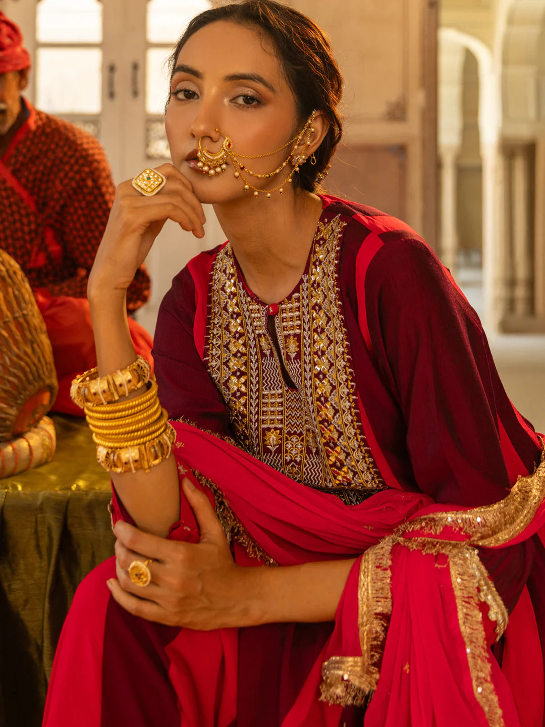 Multi Zari Embroidered Flared Anarkali Kurta with Pants & Dupatta