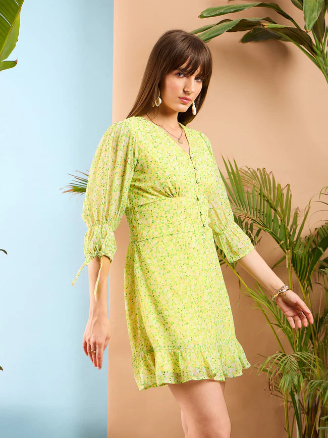 Flirty Lime Yellow Short Dress with Ditsy Floral Print and Frill Hem Comfortable and Chic