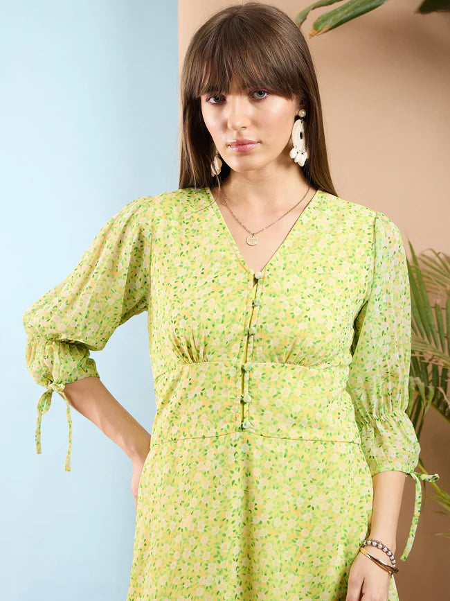 Flirty Lime Yellow Short Dress with Ditsy Floral Print and Frill Hem Comfortable and Chic