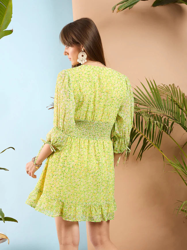 Flirty Lime Yellow Short Dress with Ditsy Floral Print and Frill Hem Comfortable and Chic