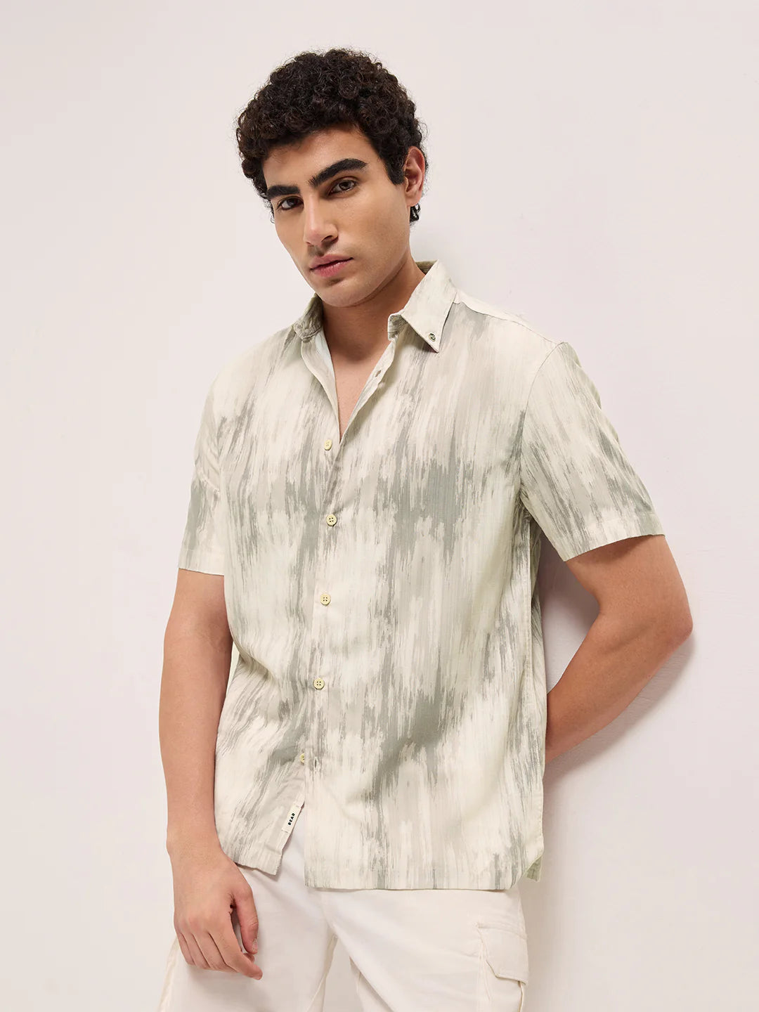 Soft Grey and Cream Vertical Brushstroke Print Casual Shirt Relaxed Fit Lightweight and Breathable for Summer