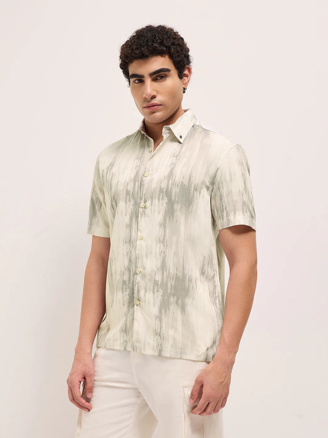 Soft Grey and Cream Vertical Brushstroke Print Casual Shirt Relaxed Fit Lightweight and Breathable for Summer