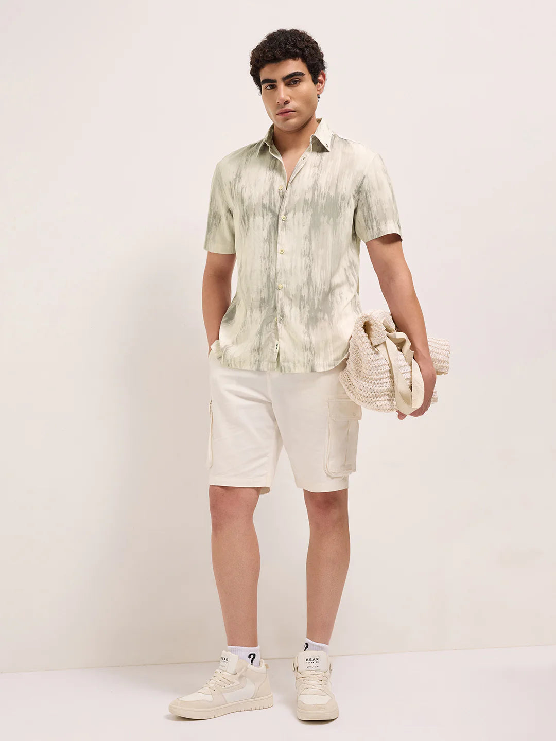 Soft Grey and Cream Vertical Brushstroke Print Casual Shirt Relaxed Fit Lightweight and Breathable for Summer