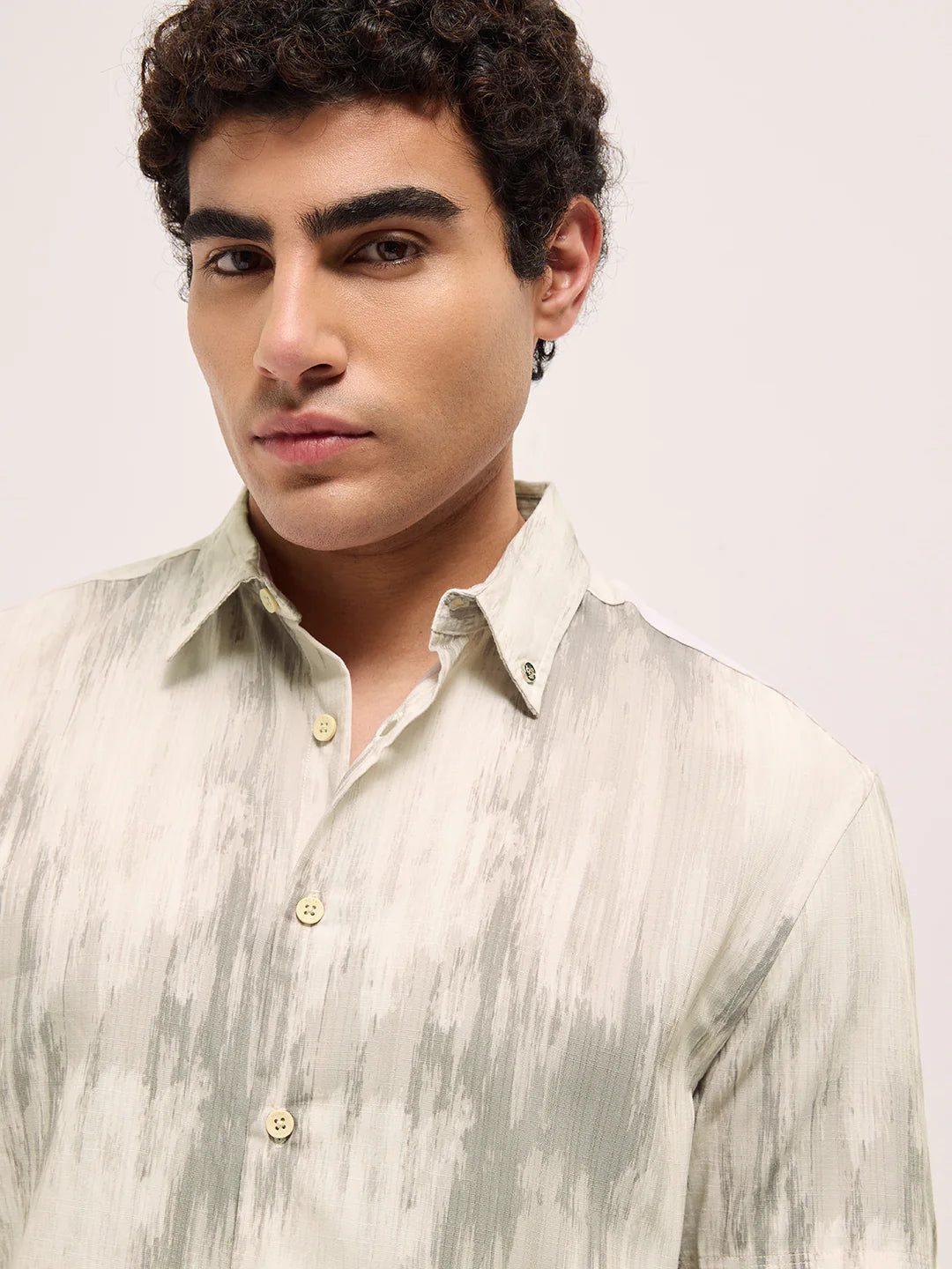 Soft Grey and Cream Vertical Brushstroke Print Casual Shirt Relaxed Fit Lightweight and Breathable for Summer