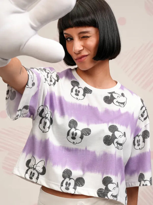 Cute Women’s Lavender Boxy Top with Mickey Mouse Graphic for Outings and Home