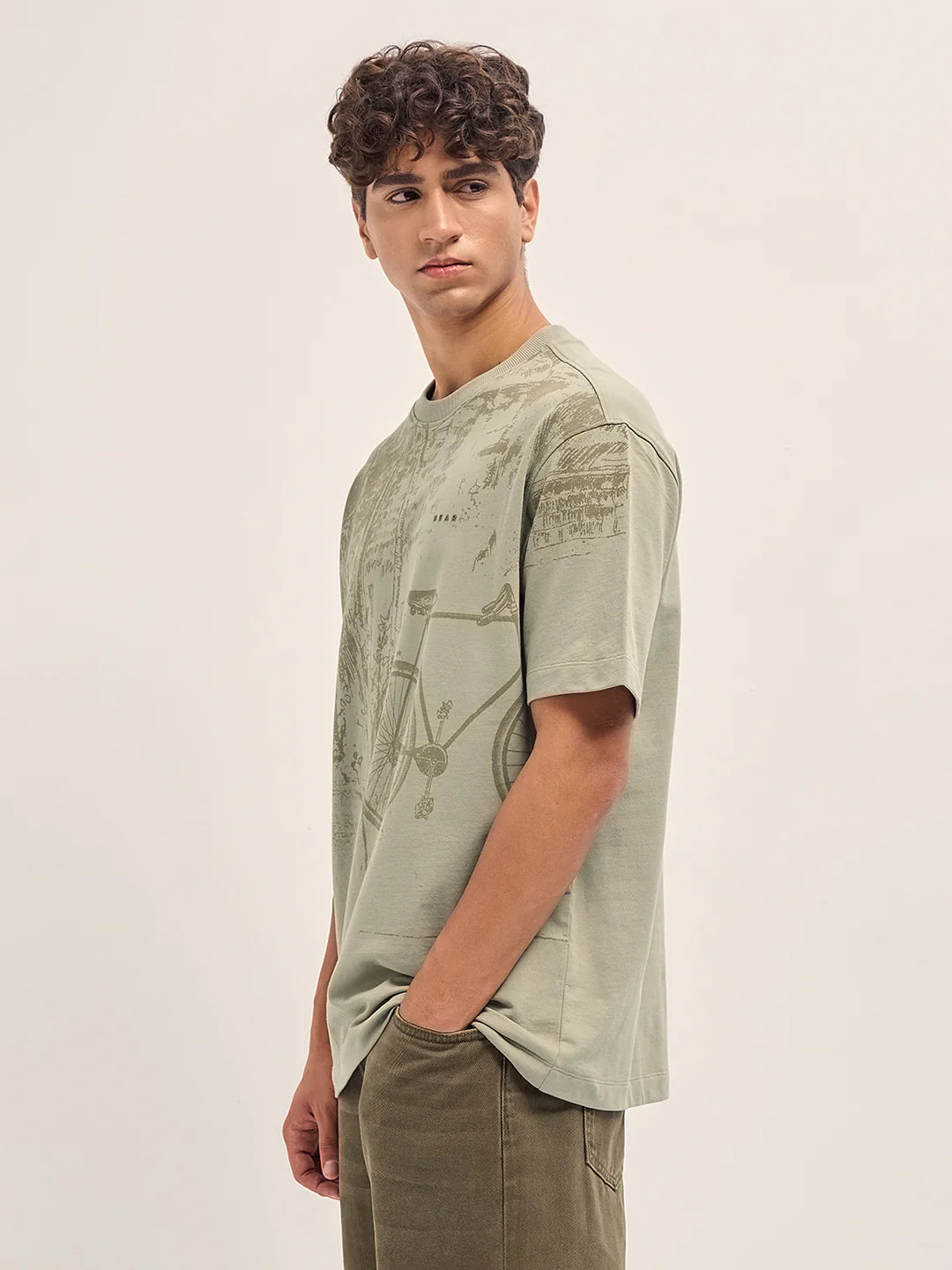 Men’s Beige Crew Neck T-Shirt with Bicycle Graphic Print