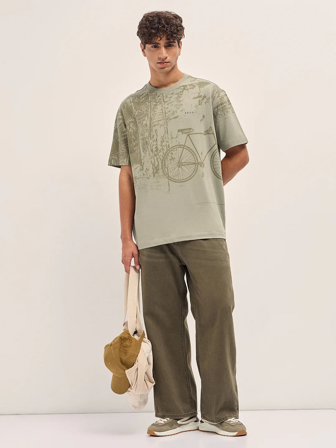 Men’s Beige Crew Neck T-Shirt with Bicycle Graphic Print