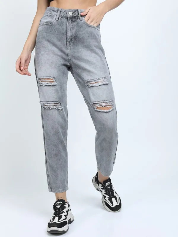 Grey Mom Fit Highly Distressed Jeans for Women Perfect for Casual Everyday Fashion Looks