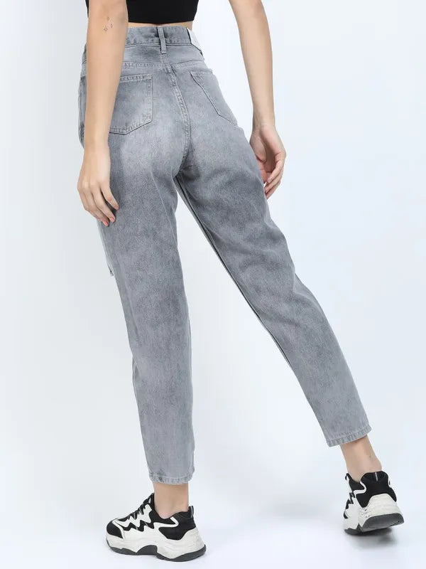 Grey Mom Fit Highly Distressed Jeans for Women Perfect for Casual Everyday Fashion Looks