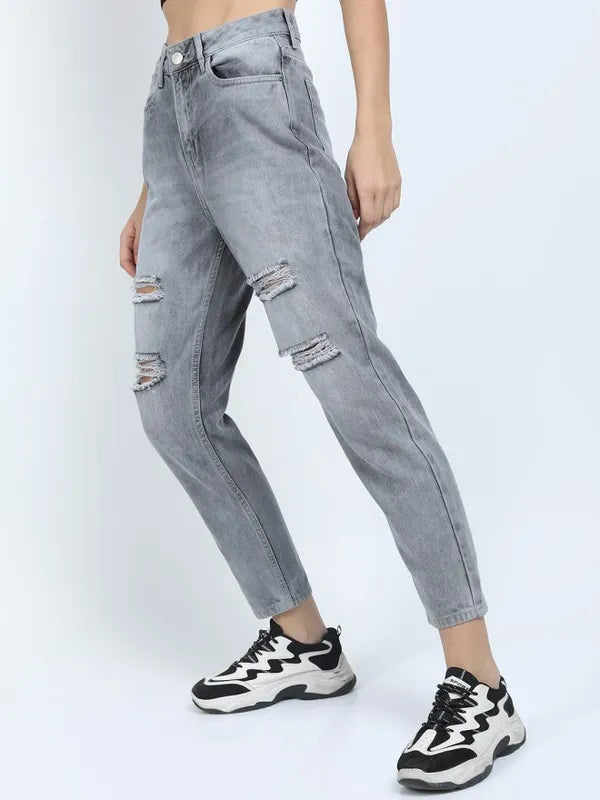 Grey Mom Fit Highly Distressed Jeans for Women Perfect for Casual Everyday Fashion Looks