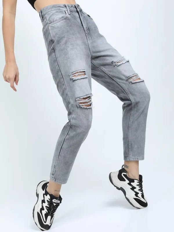 Grey Mom Fit Highly Distressed Jeans for Women Perfect for Casual Everyday Fashion Looks