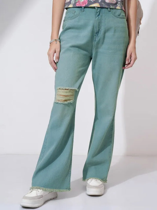 Casual Women’s Blue Flared Jeans with High Distress Accents for Street and Leisure Looks