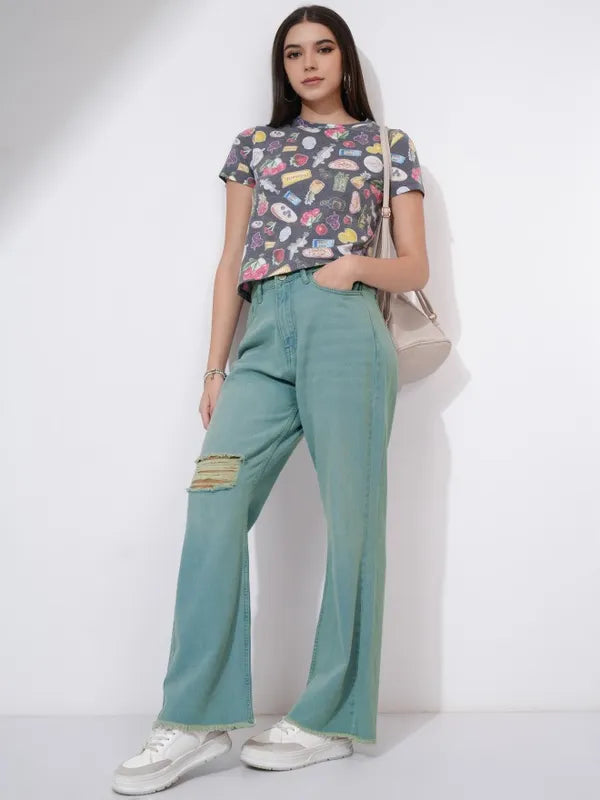 Casual Women’s Blue Flared Jeans with High Distress Accents for Street and Leisure Looks