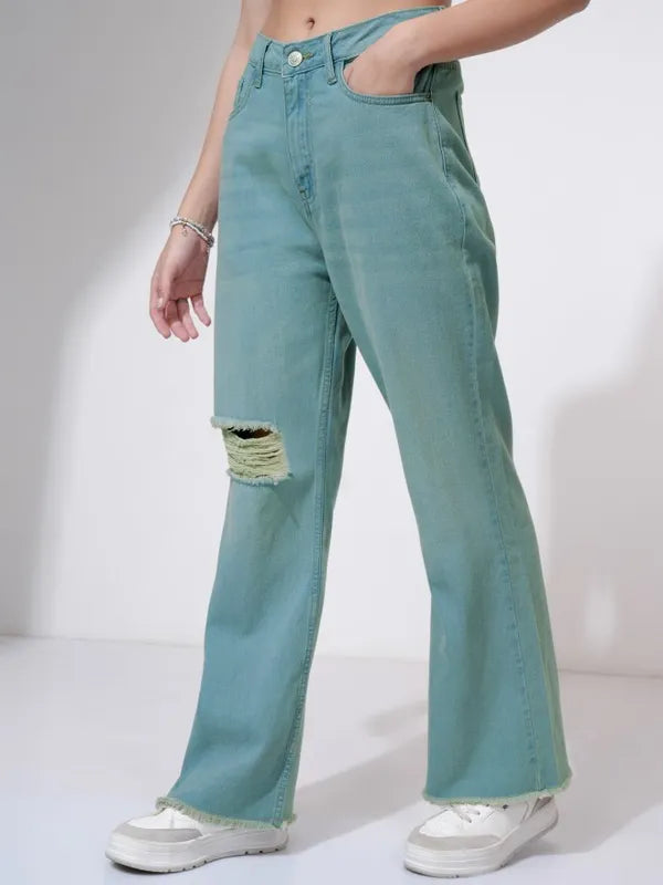 Casual Women’s Blue Flared Jeans with High Distress Accents for Street and Leisure Looks
