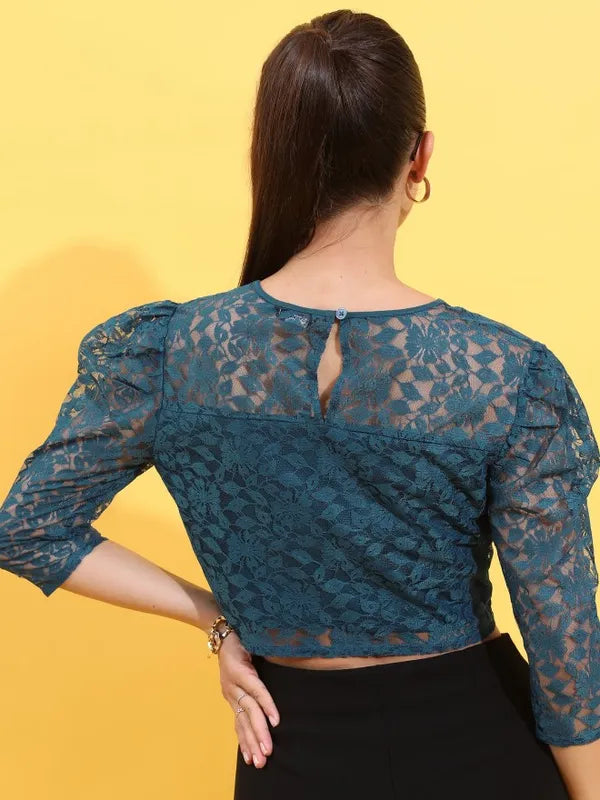 Lightweight Women’s Teal Self Design Regular Top with Relaxed Fit and Soft Fabric