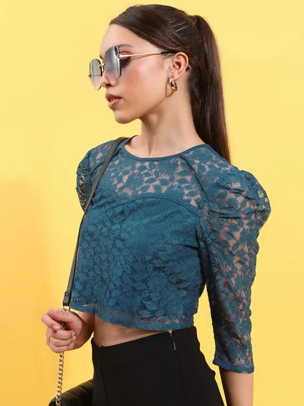 Lightweight Women’s Teal Self Design Regular Top with Relaxed Fit and Soft Fabric