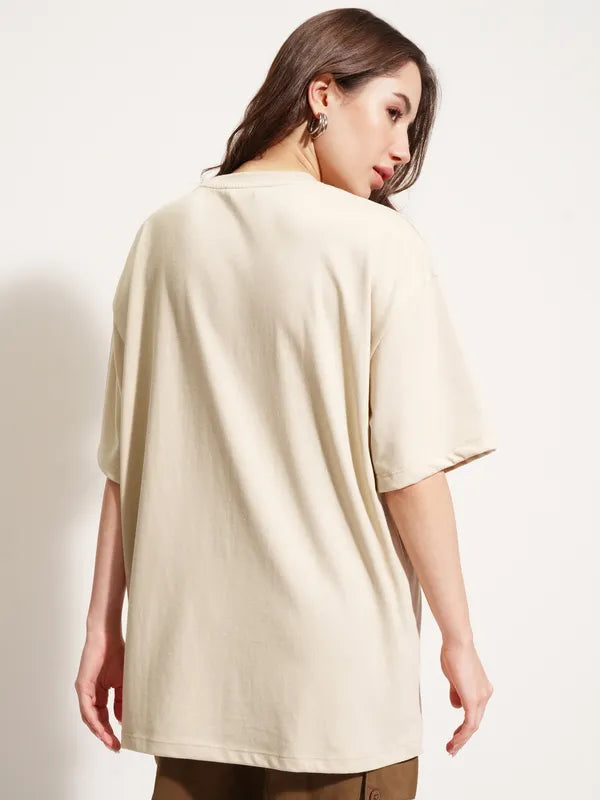 Women’s Everyday Wear Beige Oversized T-shirt with Round Neck and Applique Accents