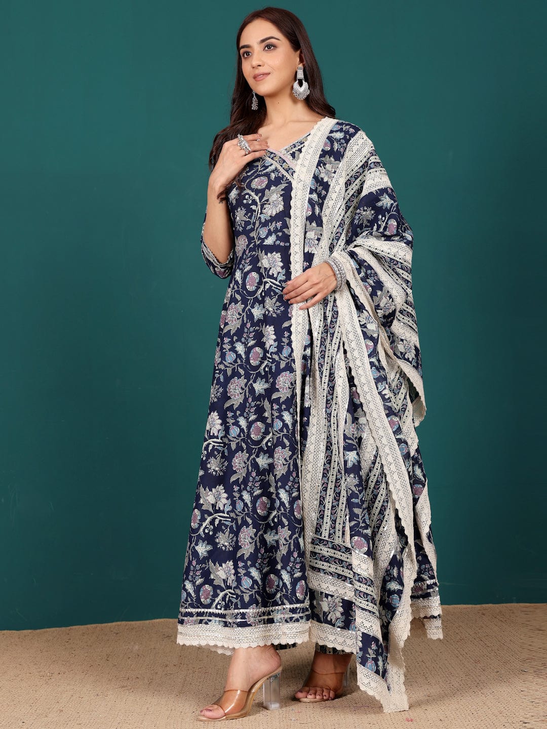 Sophisticated Women’s Angrakha Anarkali Kurta with Floral Print, Coordinated Trouser and Dupatta for Festive Gatherings and Traditional Wear