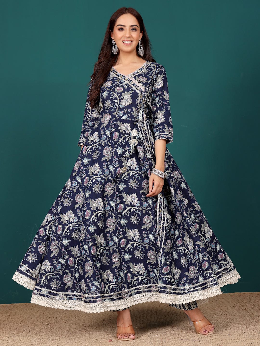 Sophisticated Women’s Angrakha Anarkali Kurta with Floral Print, Coordinated Trouser and Dupatta for Festive Gatherings and Traditional Wear