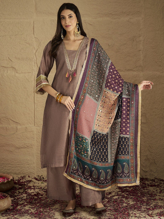 Designer Women’s Brown Shimmer Kurta Set with Lace Accents Solid Ankle-Length Pants and Elegant Printed Dupatta