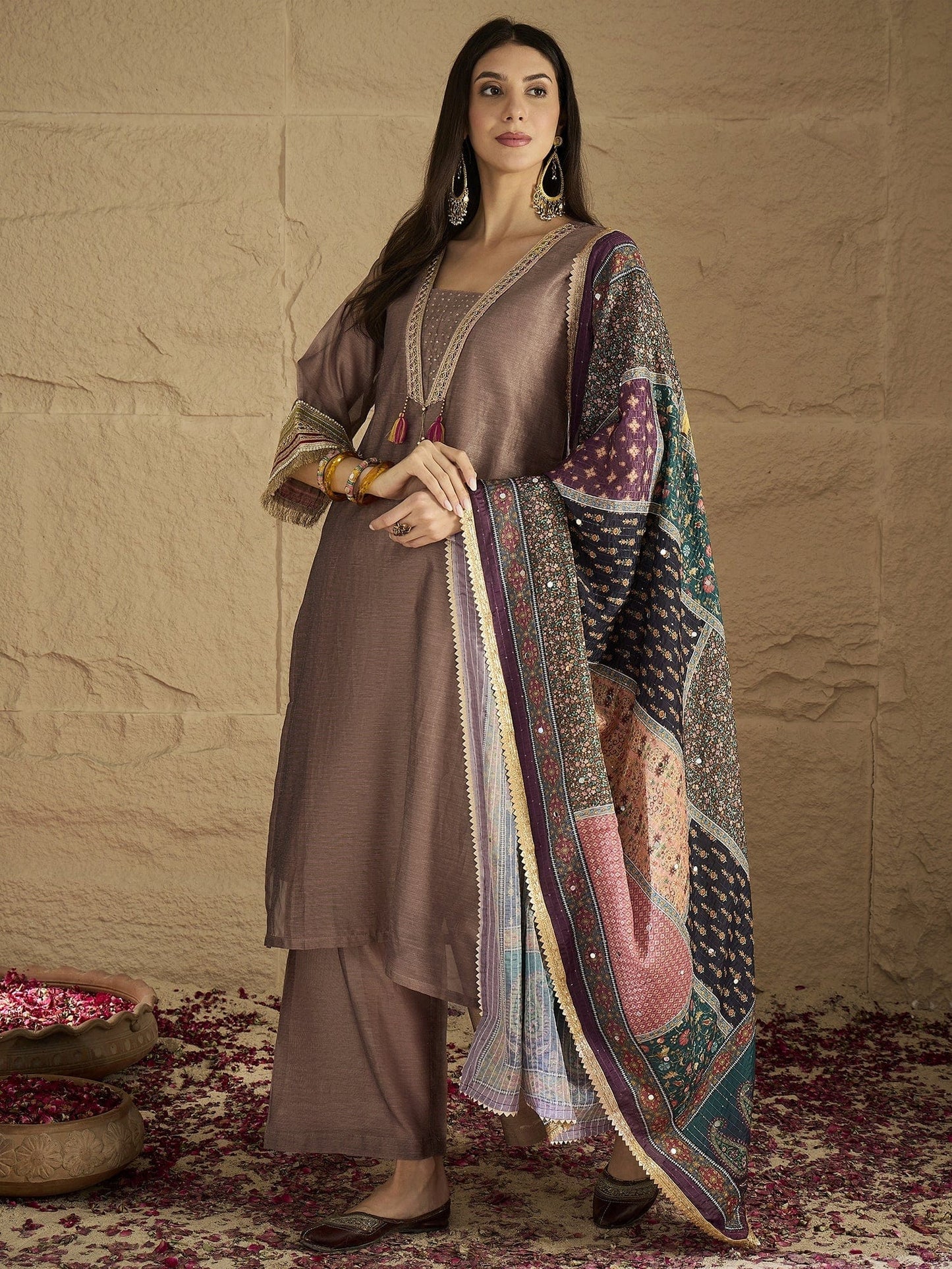 Designer Women’s Brown Shimmer Kurta Set with Lace Accents Solid Ankle-Length Pants and Elegant Printed Dupatta