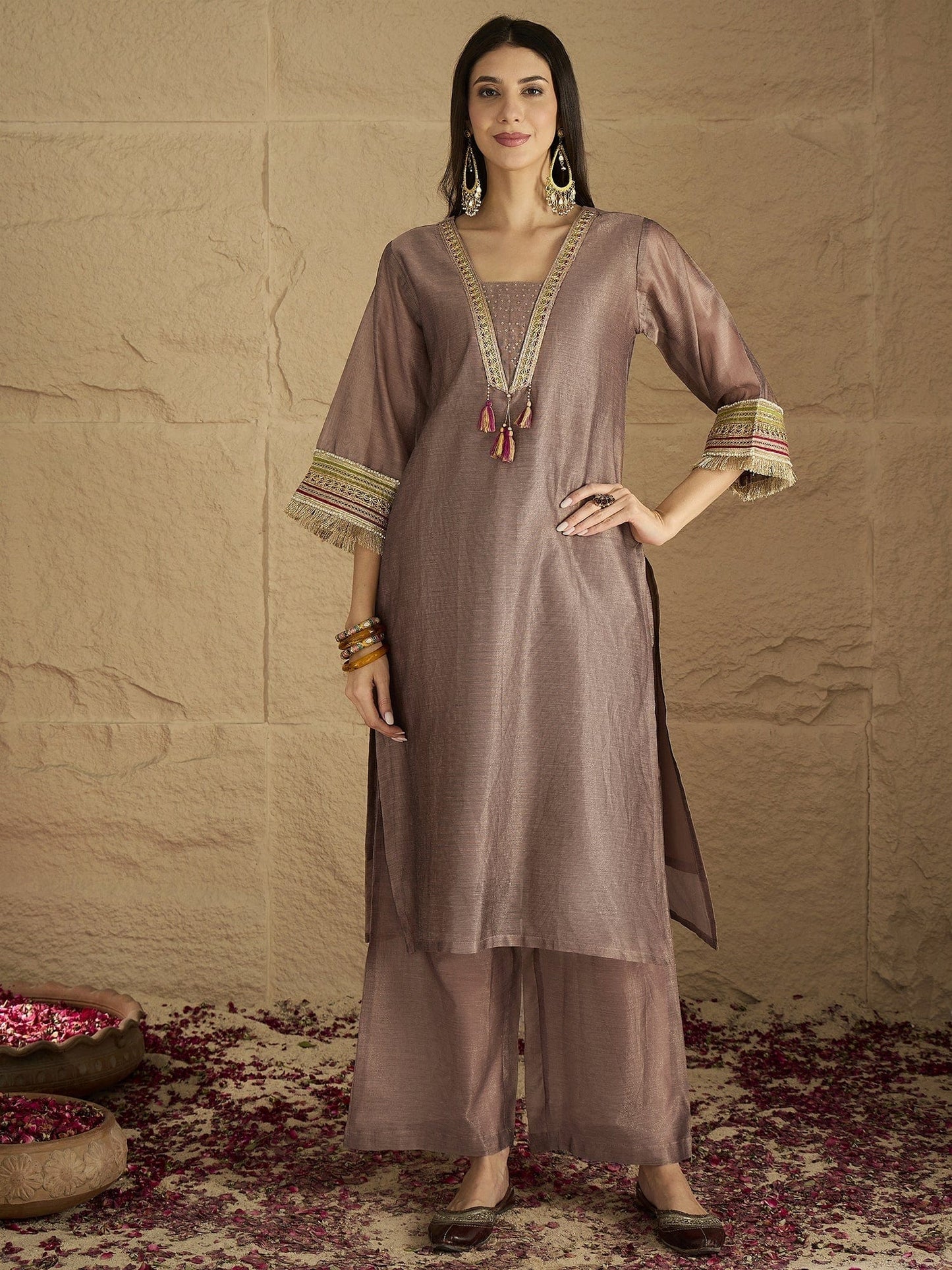 Designer Women’s Brown Shimmer Kurta Set with Lace Accents Solid Ankle-Length Pants and Elegant Printed Dupatta