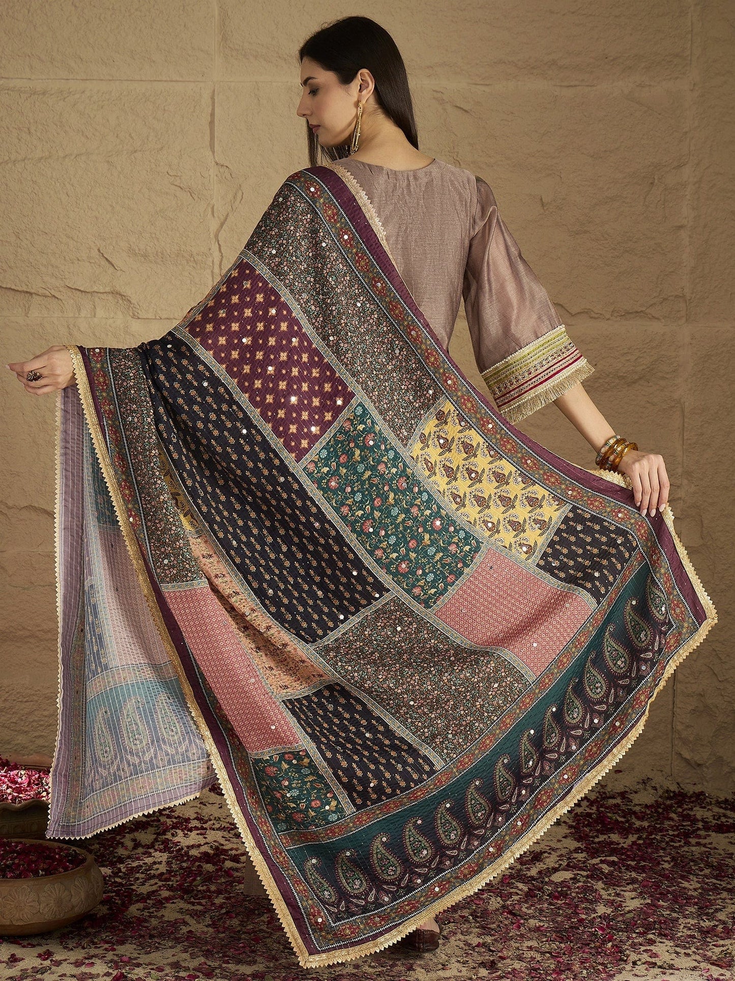 Designer Women’s Brown Shimmer Kurta Set with Lace Accents Solid Ankle-Length Pants and Elegant Printed Dupatta