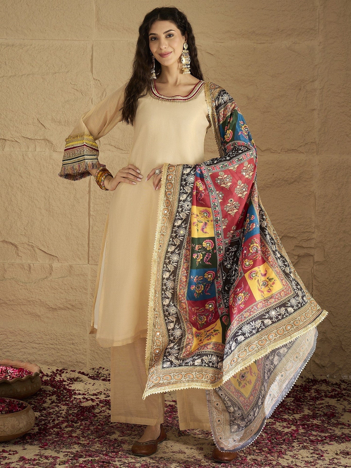 Women’s Elegant Beige Shimmer Kurta Set with Lace Details Patola Printed Dupatta and Solid Pants Comfortable for Festive Gatherings