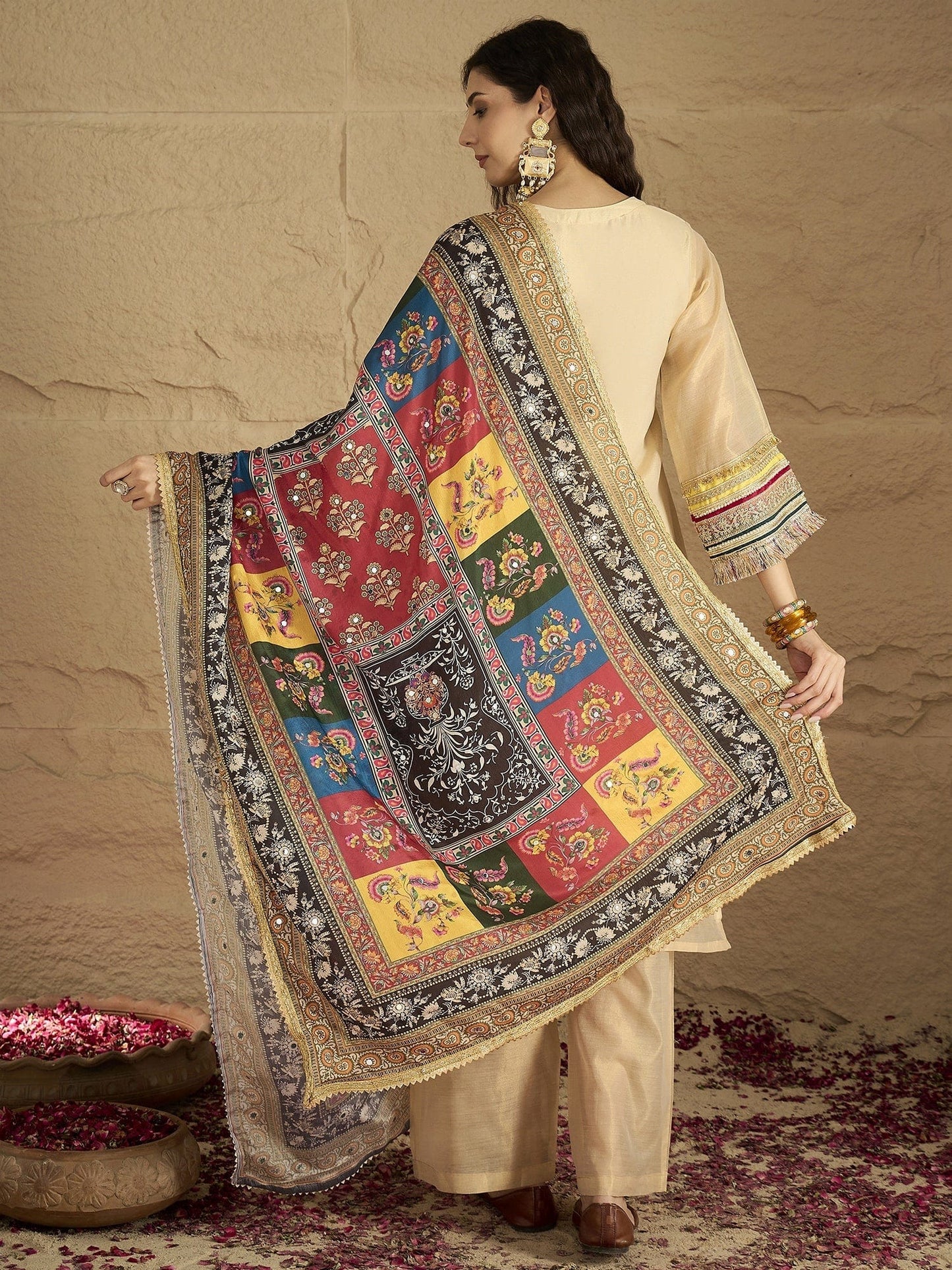 Women’s Elegant Beige Shimmer Kurta Set with Lace Details Patola Printed Dupatta and Solid Pants Comfortable for Festive Gatherings