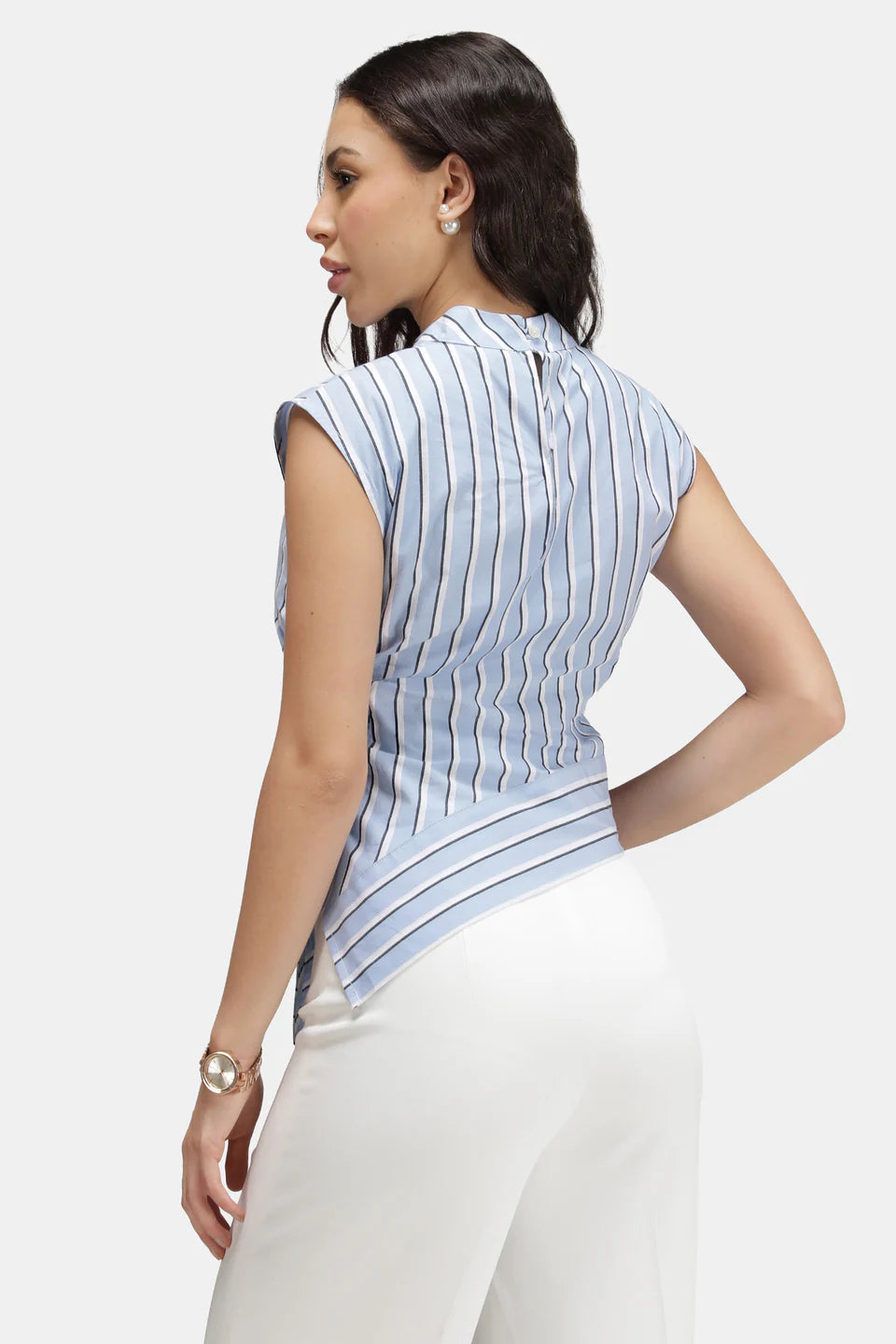 Everyday Wear Women’s Cotton Stripe High Neck Asymmetric Top