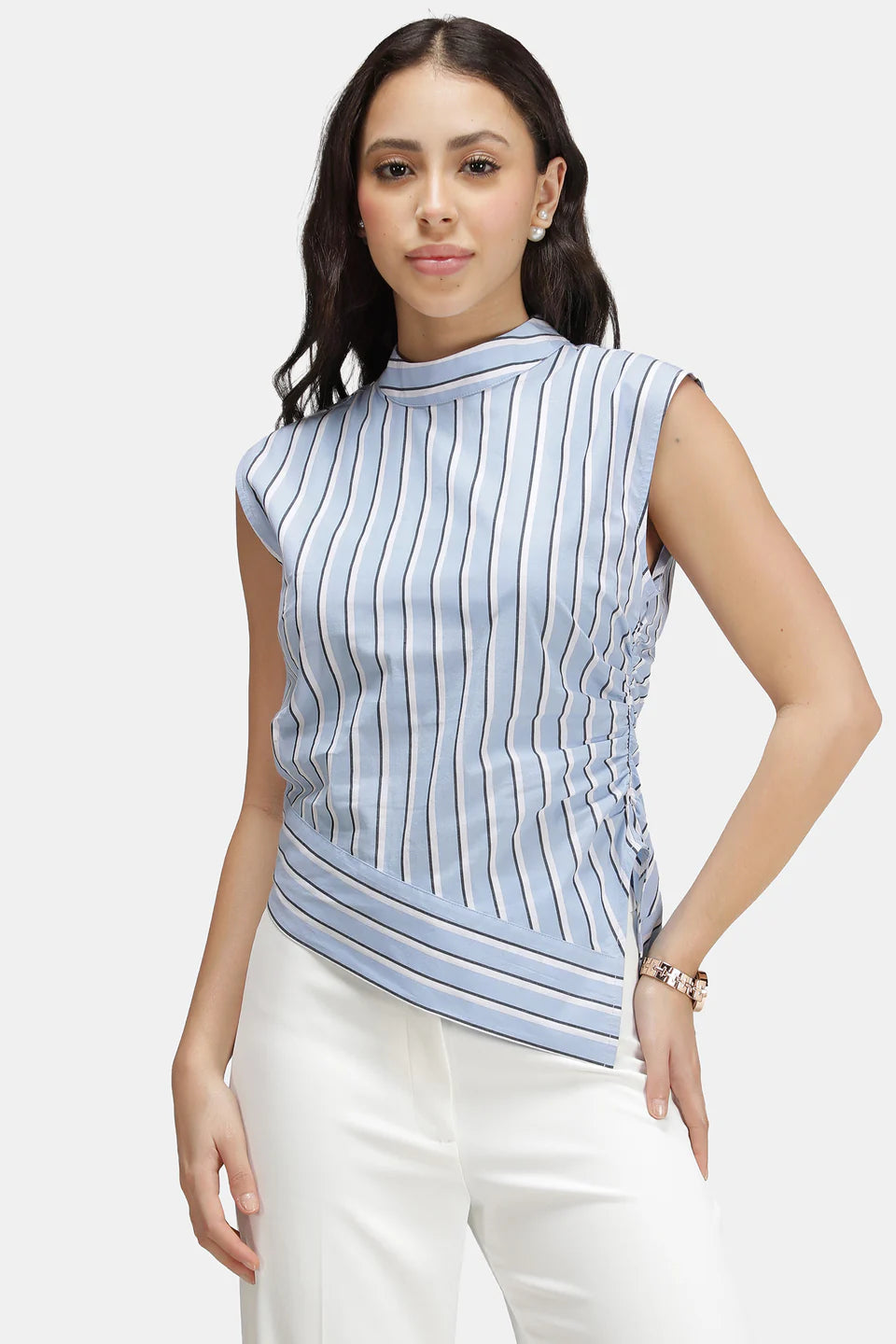 Everyday Wear Women’s Cotton Stripe High Neck Asymmetric Top