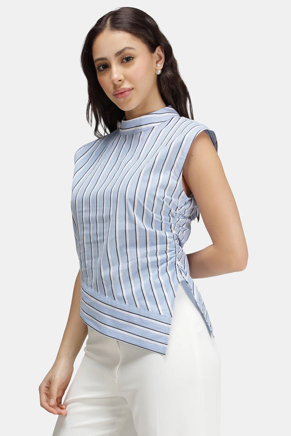 Everyday Wear Women’s Cotton Stripe High Neck Asymmetric Top