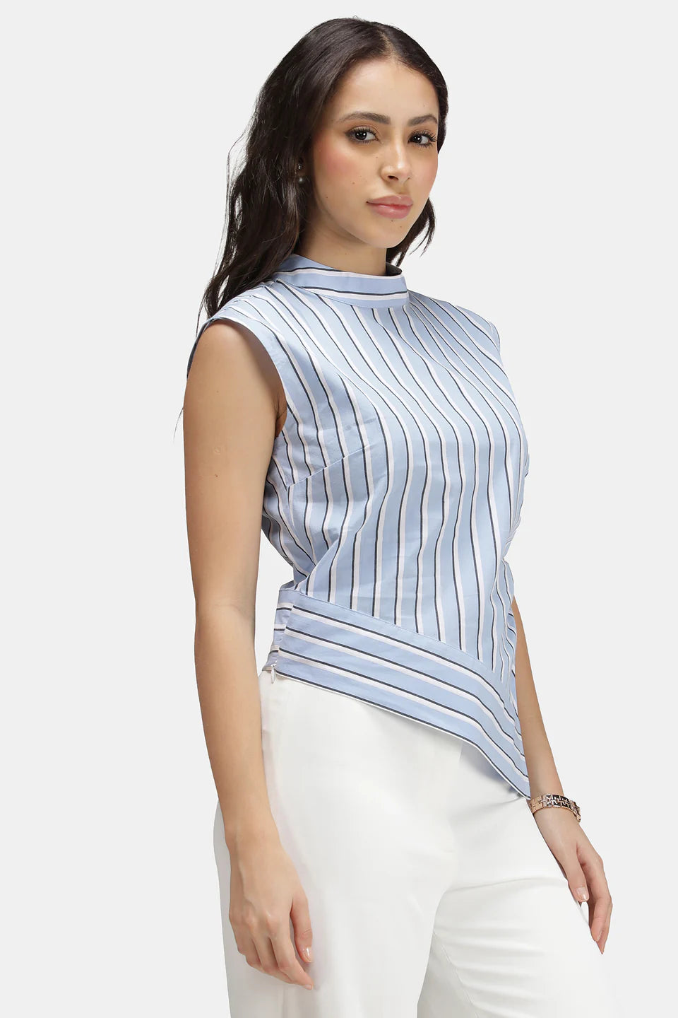 Everyday Wear Women’s Cotton Stripe High Neck Asymmetric Top