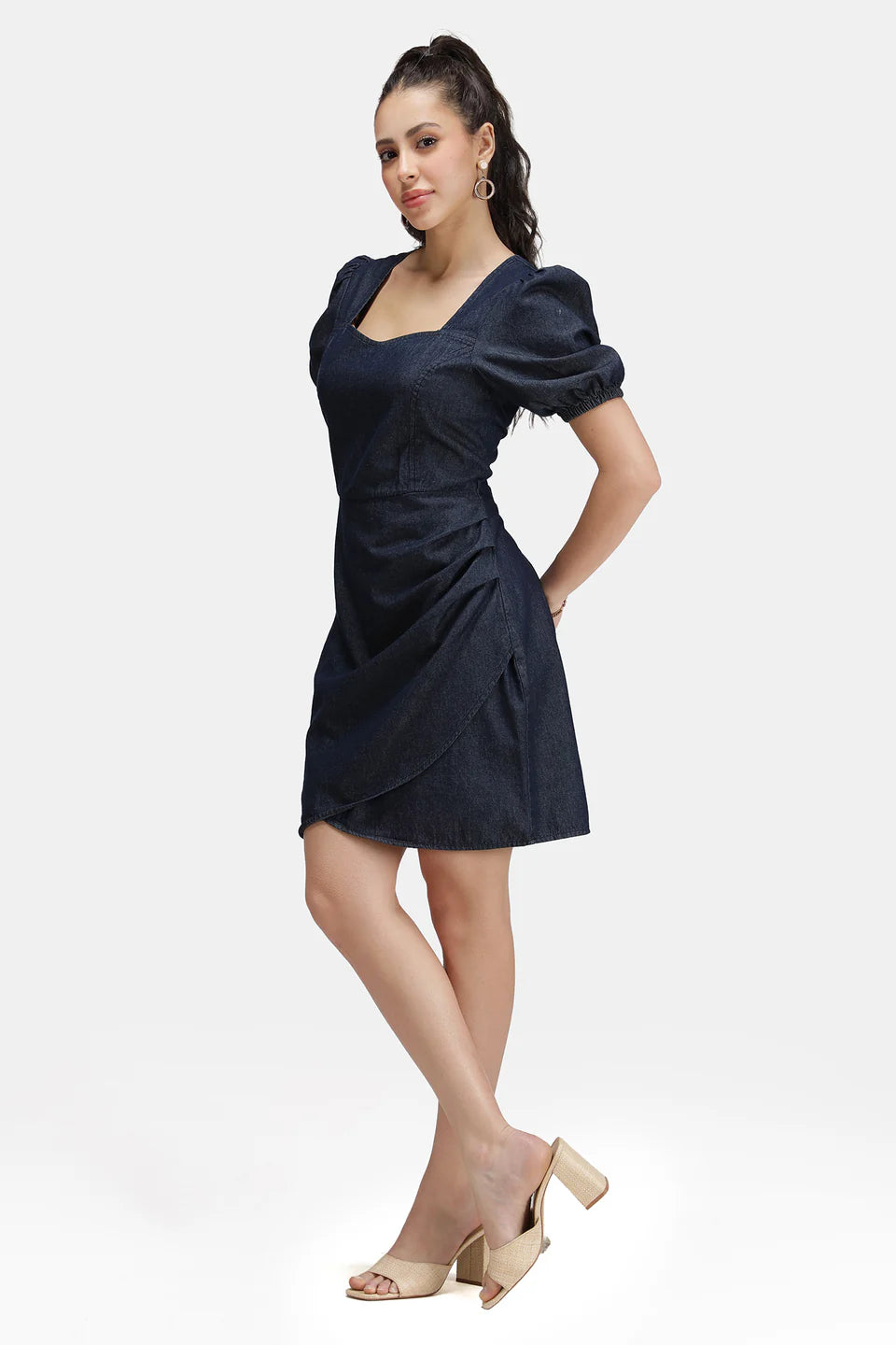 Everyday Wear Cotton Denim Mini Dress with Pleats