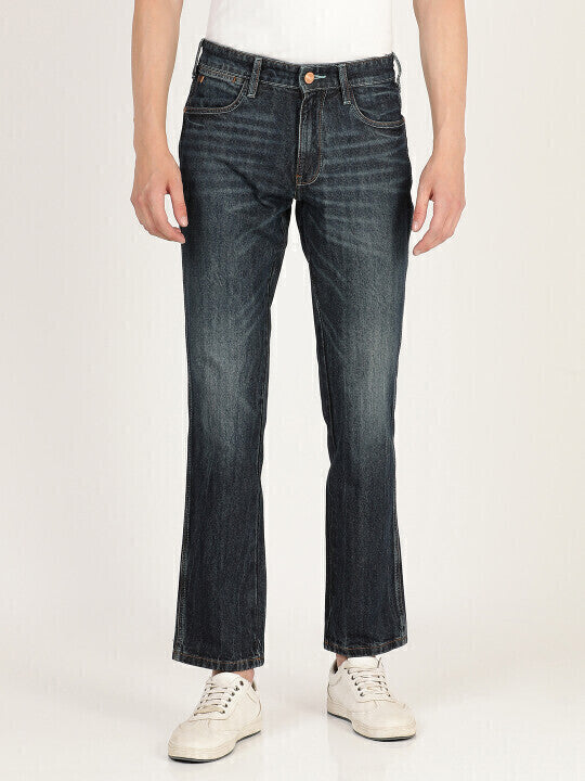 Men’s Casual Blue Mid-Rise Regular Fit Jeans Heavy Fade Effect
