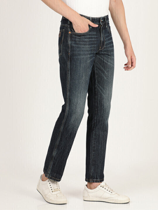 Men’s Casual Blue Mid-Rise Regular Fit Jeans Heavy Fade Effect