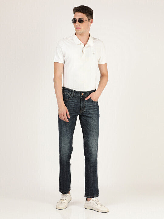 Men’s Casual Blue Mid-Rise Regular Fit Jeans Heavy Fade Effect
