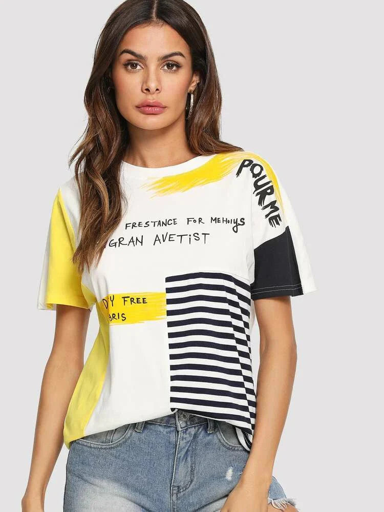 Bright Yellow Printed Loose Fit Oversized T-Shirt for Women