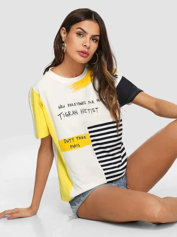 Bright Yellow Printed Loose Fit Oversized T-Shirt for Women