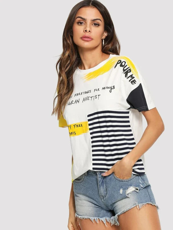 Bright Yellow Printed Loose Fit Oversized T-Shirt for Women